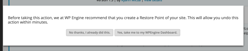 WPEngine prompting to take a backup on plugin update