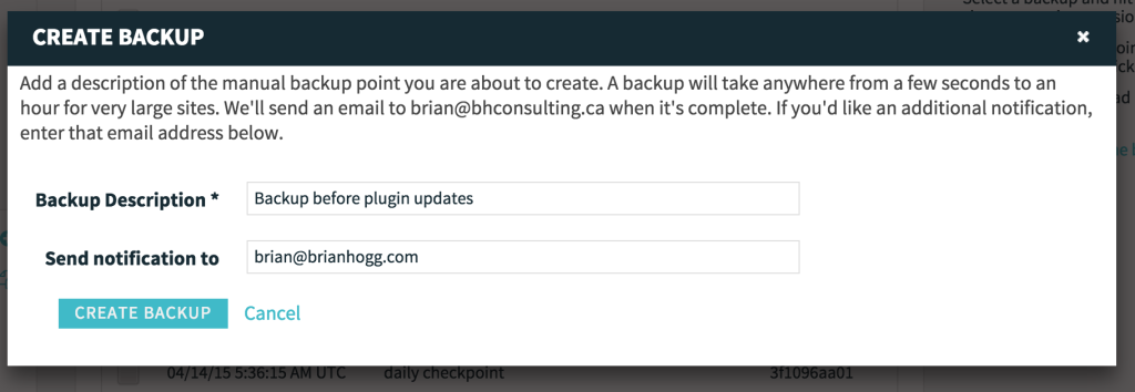 WPEngine create new backup point with email and description