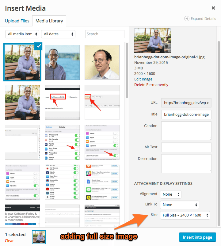 Inserting full size image into WordPress
