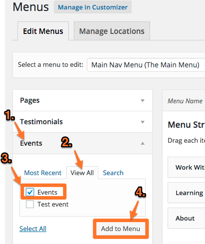 events calendar wordpress add to menu